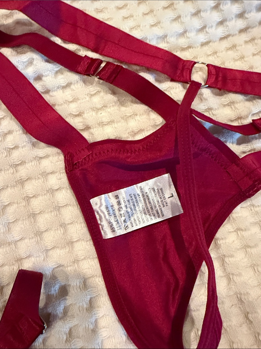 Strappy Lace-Up Bra, Thong & Garter Set in Burgundy - Picture 5 of 8